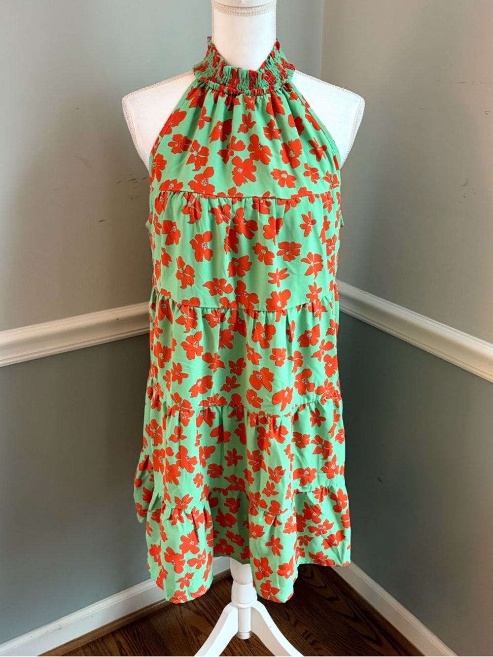 Entro Floral Halter Dress – Size M | Green Orange Tiered Mini Dress NWT